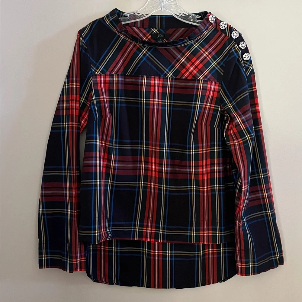 J. Crew Funnelneck shirt in Stewart tartan with jeweled buttons size 4